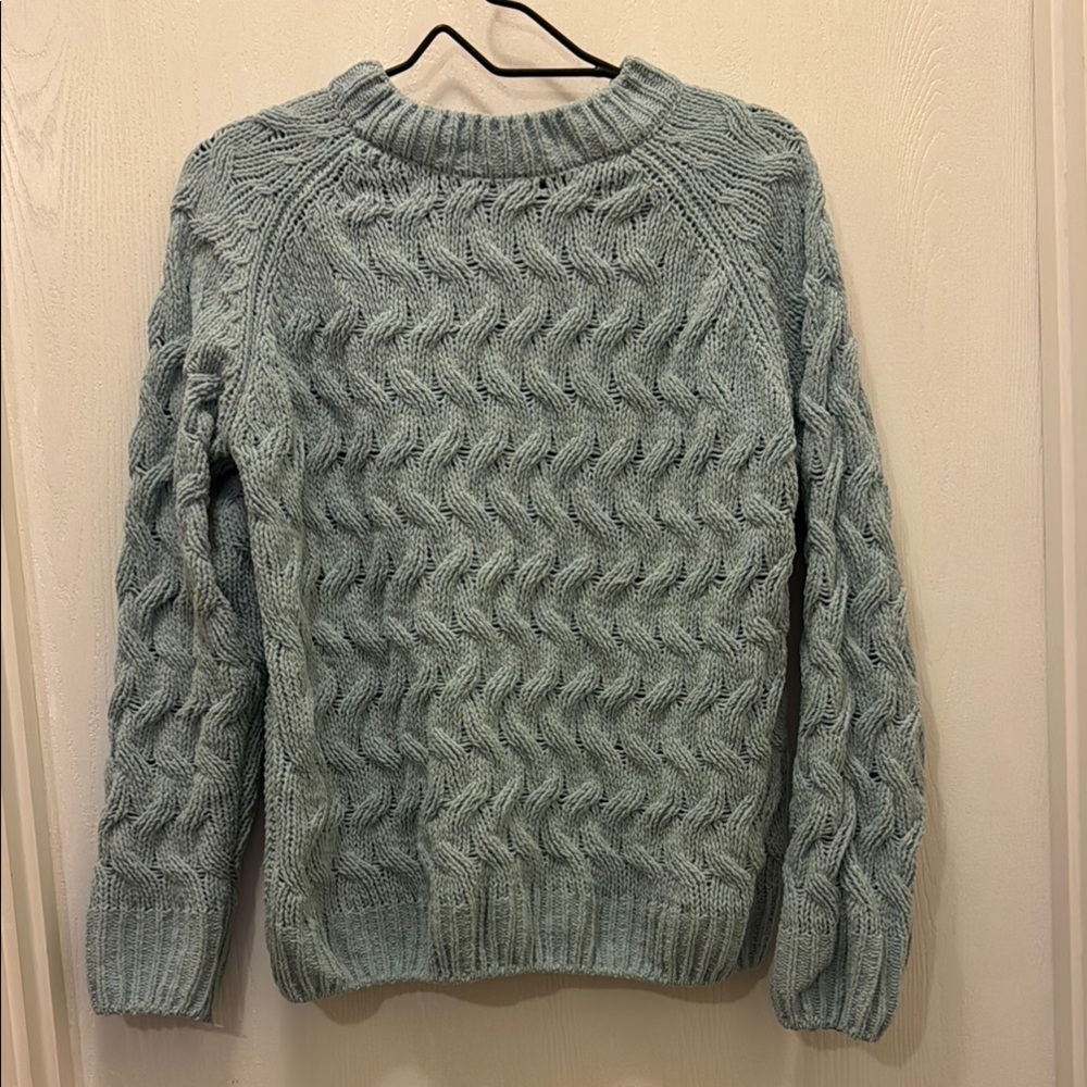 Light Blue Gray Cable Knit Crew Neck Sweater